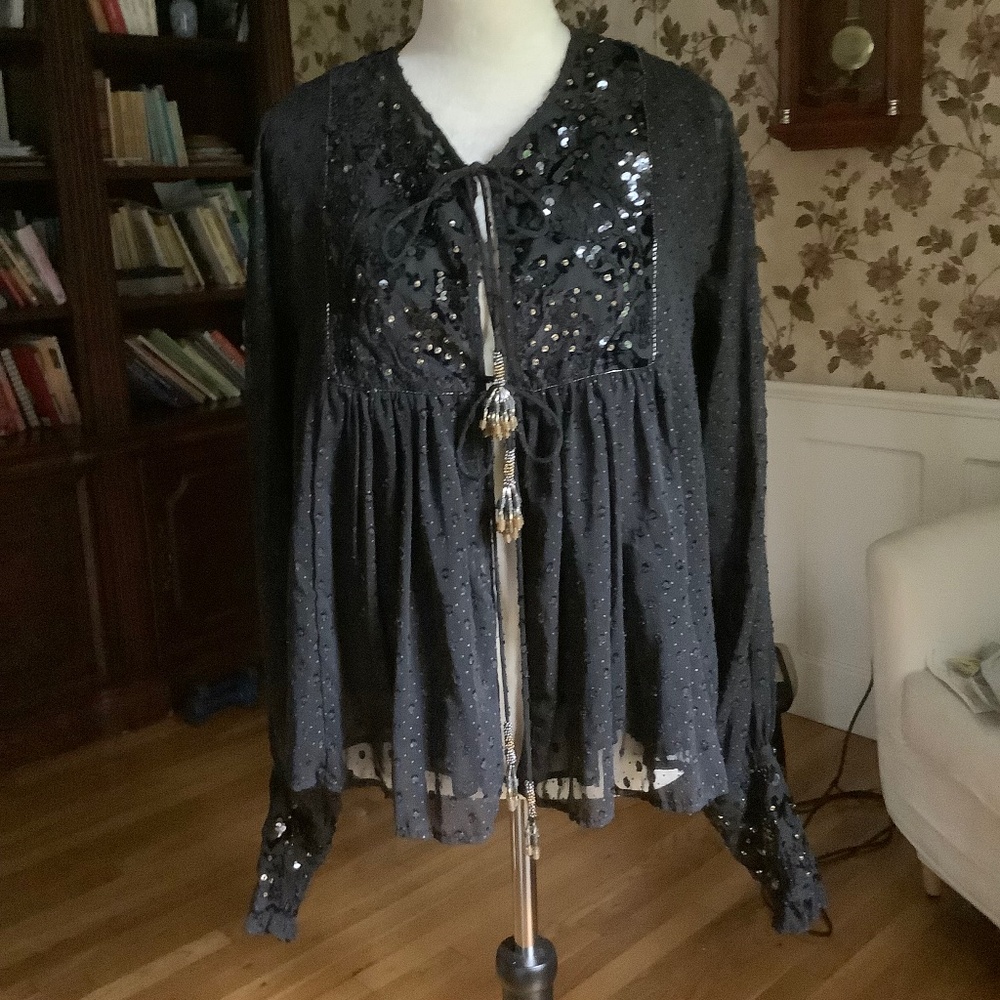 NWT Zara Black Sequin Tie Front Jacket Size M